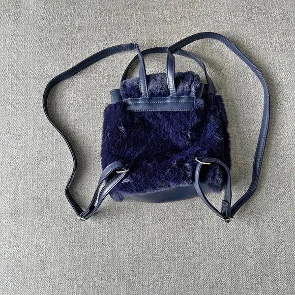 Swarovski faux fur mini backpack purse handbag, dark blue, adjustable straps - Picture 3 of 8